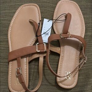 Tan T-Strap Leather Sandals with Adjustable Ankle Strap